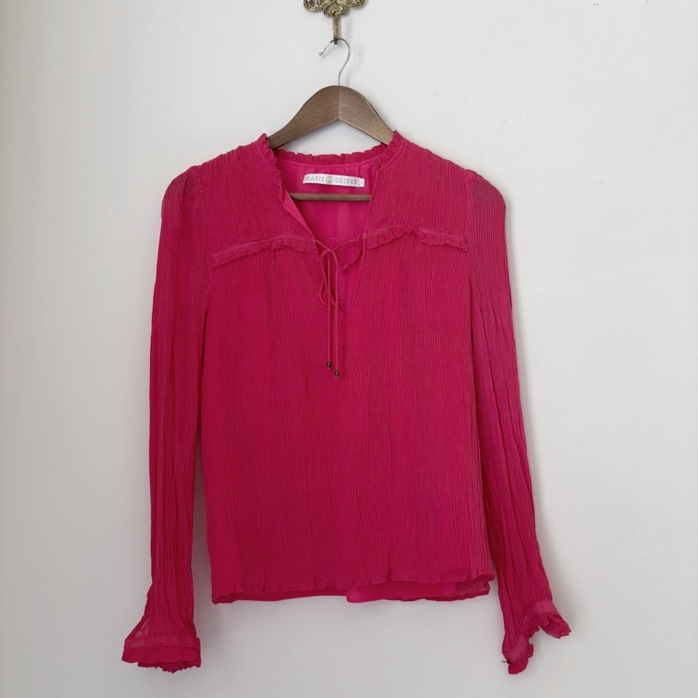 Marie Oliver Pink Silk Gauze Ruffle Blouse Small Quiet Luxury